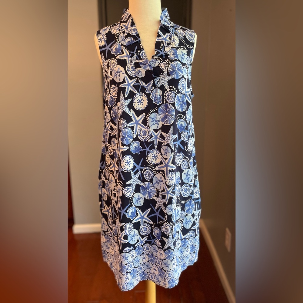 Crown & Ivy Navy & White Sleeveless Shell Print Summer Beach Resort Dress